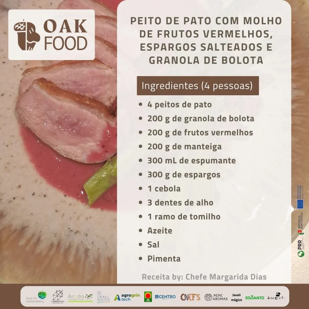 Peito de pato com molho de frutos vermelhos, espargos salteados e granola de bolota